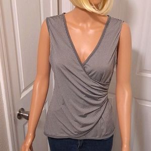 Max Studio Grey and White Polka-Dot Crossbody Tank Top with Slimming Ruching